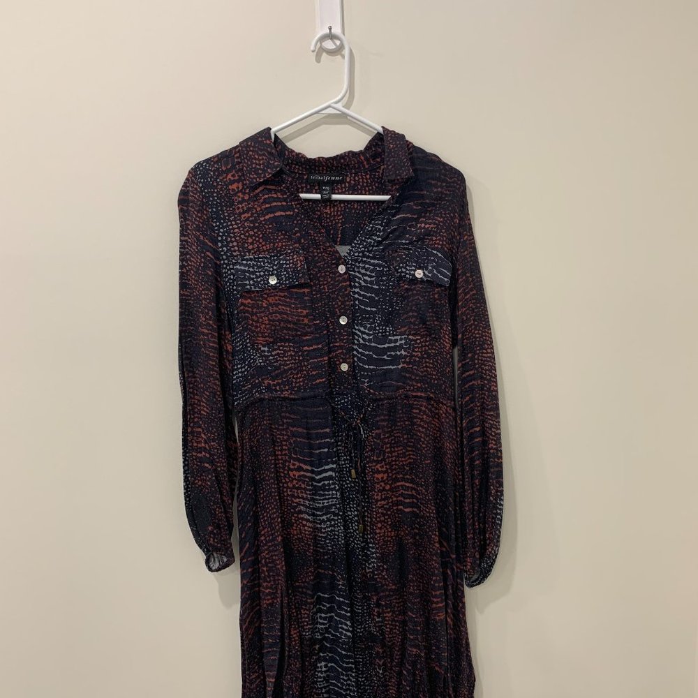 Tribal Femme V Neck Collared long Button Down Dress